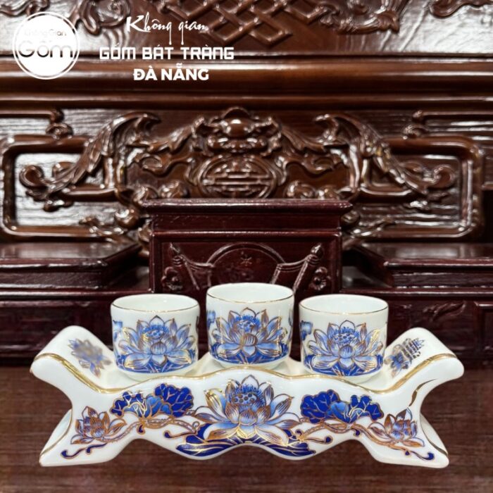 Bộ đồ thờ men lam vẽ vàng họa tiết song long liên hoa tại Đà Nẵng BT-BĐT100 - Ảnh 4