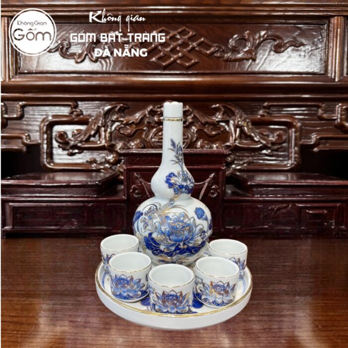 Bộ đồ thờ men lam vẽ vàng họa tiết song long liên hoa tại Đà Nẵng BT-BĐT178 - Ảnh 2