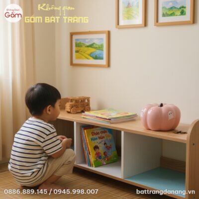 Heo đất bí ngô hồng đặt trên kệ sách thấp trong...