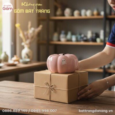 Heo đất bí ngô hồng đặt trên một hộp quà giản d...