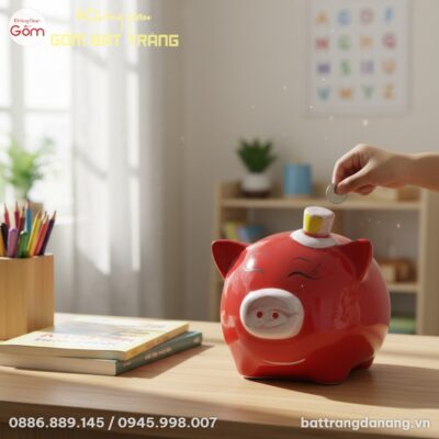 Một chú heo đất Bát Tràng màu đỏ tươi trên bàn ...