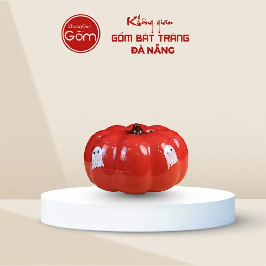 Heo Đất Dáng Bí Ngô Đỏ Men Bóng Họa Tiết Hồn Ma Halloween