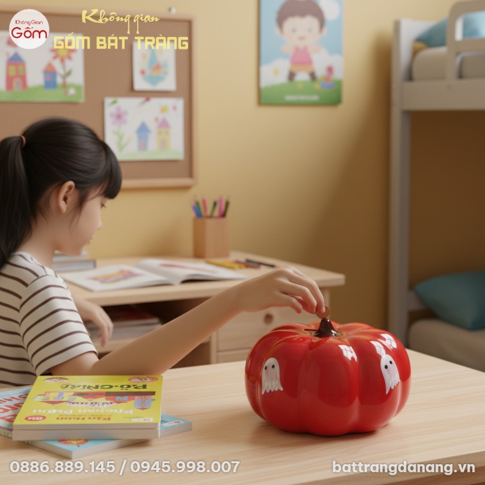 Heo Đất Bí Ngô Halloween đỏ bóng men sứ Bát Trà...