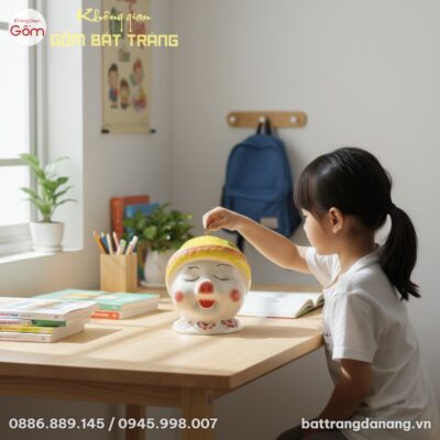 Heo đất Bát Tràng mắt cười híp đội mũ vàng trên...