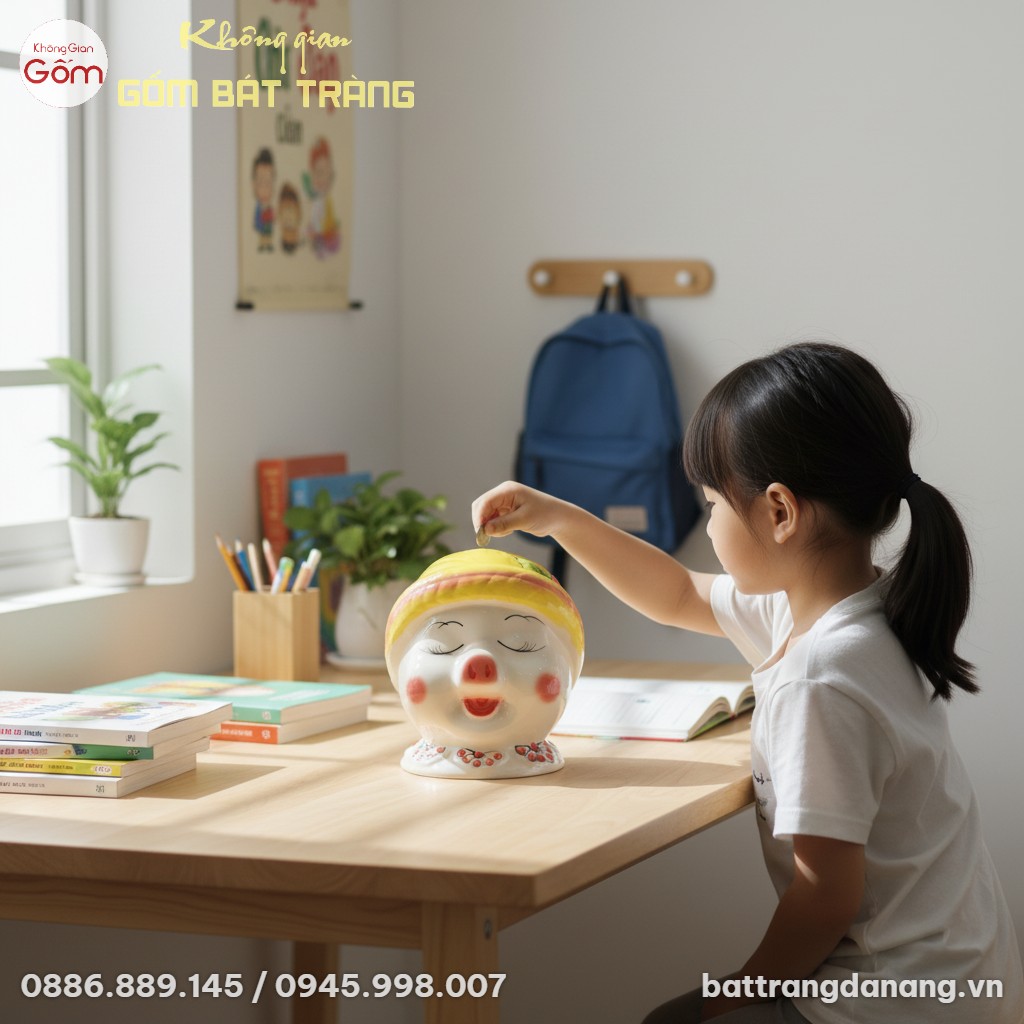 Heo đất Bát Tràng mắt cười híp đội mũ vàng trên...