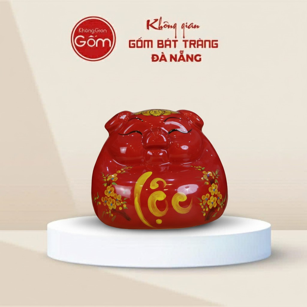 Heo Đất Tài Lộc bụng phệ dáng đứng Màu đỏ Họa Tiết Hoa Mai vàng