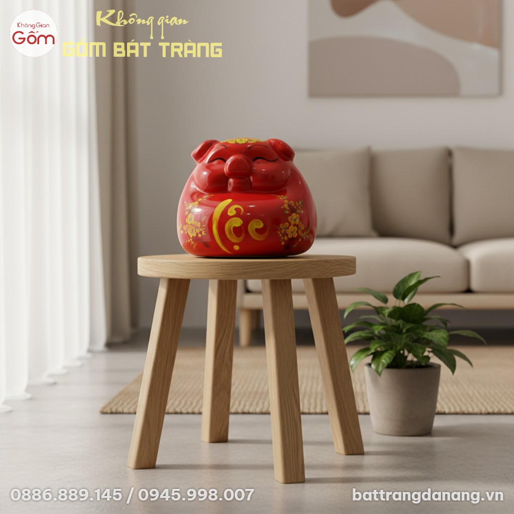 Chiếc Heo Đất Tài Lộc gốm sứ Bát Tràng màu đỏ t...