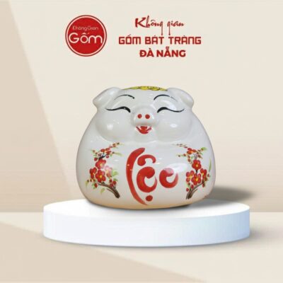 Heo Đất Tài Lộc bụng phệ dáng đứng Màu trắng Họa Tiết Hoa Mai đỏ - Ảnh đại diện