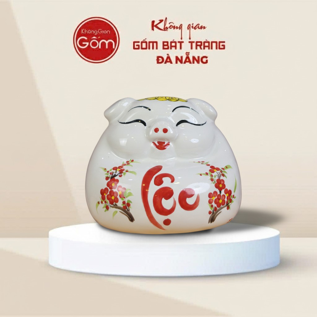 Heo Đất Tài Lộc bụng phệ dáng đứng Màu trắng Họa Tiết Hoa Mai đỏ