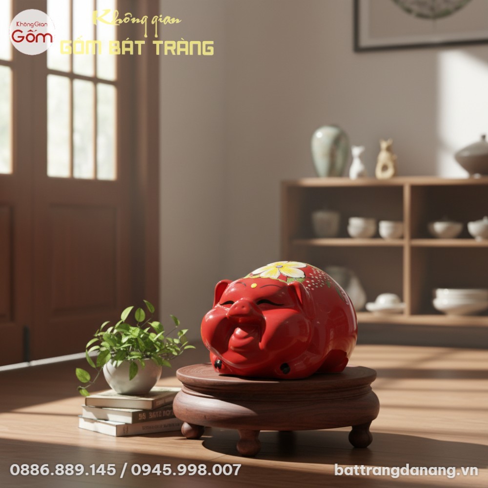 Chú lợn đất Bát Tràng đỏ tươi, men bóng, dáng n...