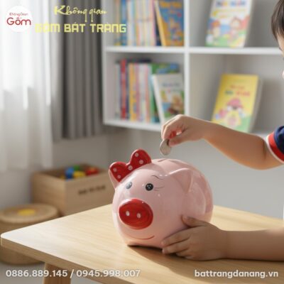 Chú lợn đất Bát Tràng màu hồng đáng yêu đặt trê...