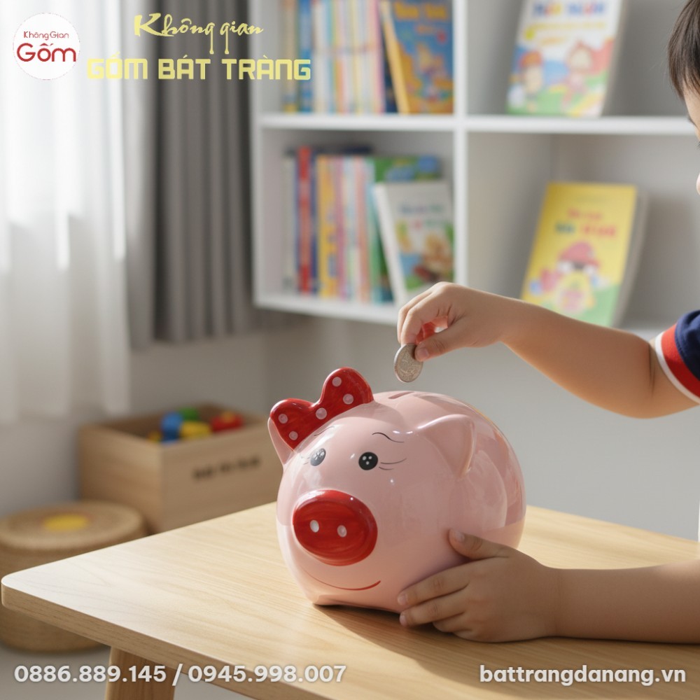 Chú lợn đất Bát Tràng màu hồng đáng yêu đặt trê...