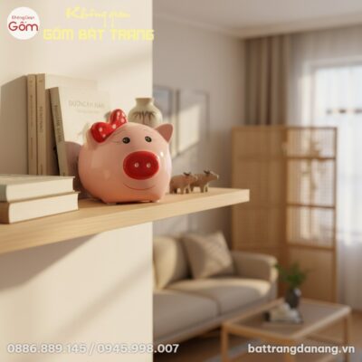 Chú lợn đất Bát Tràng màu hồng dễ thương đặt tr...