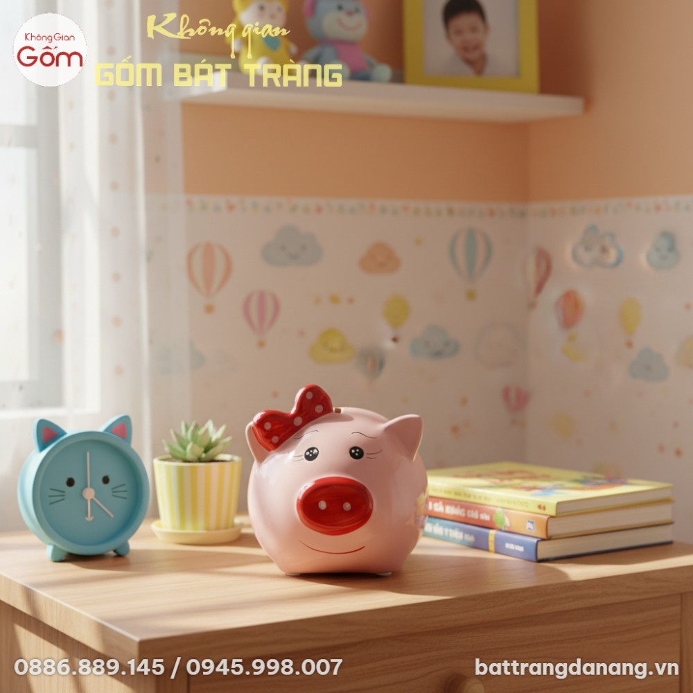 Chú lợn đất Bát Tràng màu hồng đáng yêu đặt trê...