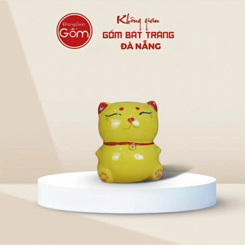Ống tiết kiệm Bát Tràng hình mèo thần tài màu vàng