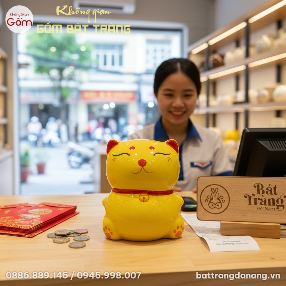 Ống tiết kiệm mèo thần tài Bát Tràng đặt trên bàn thu ngân mang lại tài lộc may mắn cho cửa hàng