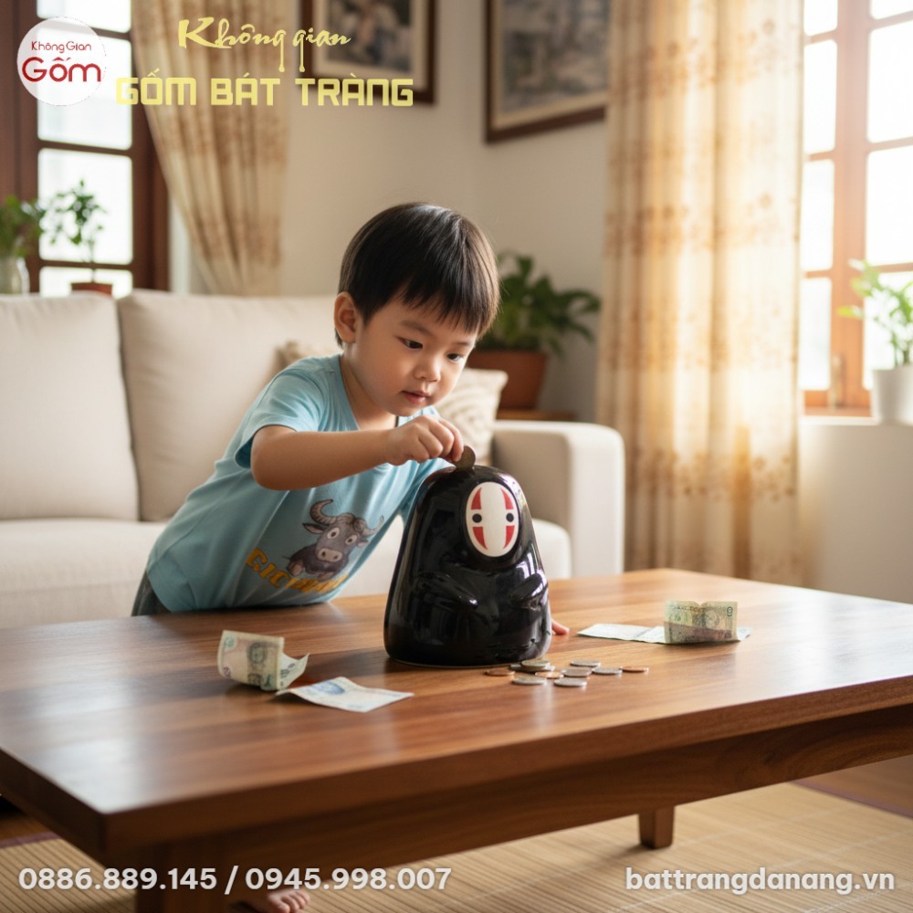 Một đứa trẻ đang khám phá ống tiết kiệm Vô Diện...