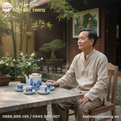 cận cảnh Bộ ấm trà Bát Tràng men lam vẽ Trúc Lâ...