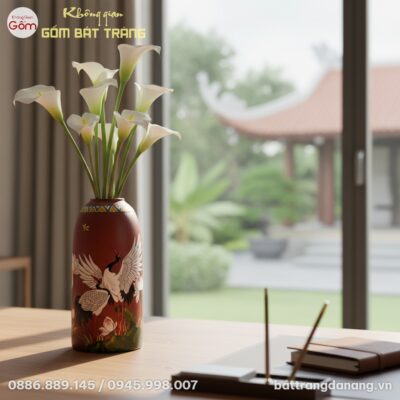 Bình hoa gốm sứ họa tiết chim hạc hoa sen, màu ...