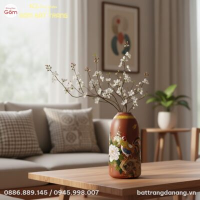 Bình hoa gốm Bát Tràng dáng chuông 35cm, khắc v...