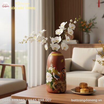 cận cảnh Bình hoa gốm Bát Tràng 35cm họa tiết g...