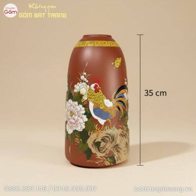 Kích thước Bình Hoa Dáng Chuông Khắc Vẽ Gà Trống Hoa Mẫu Đơn BT-BH139