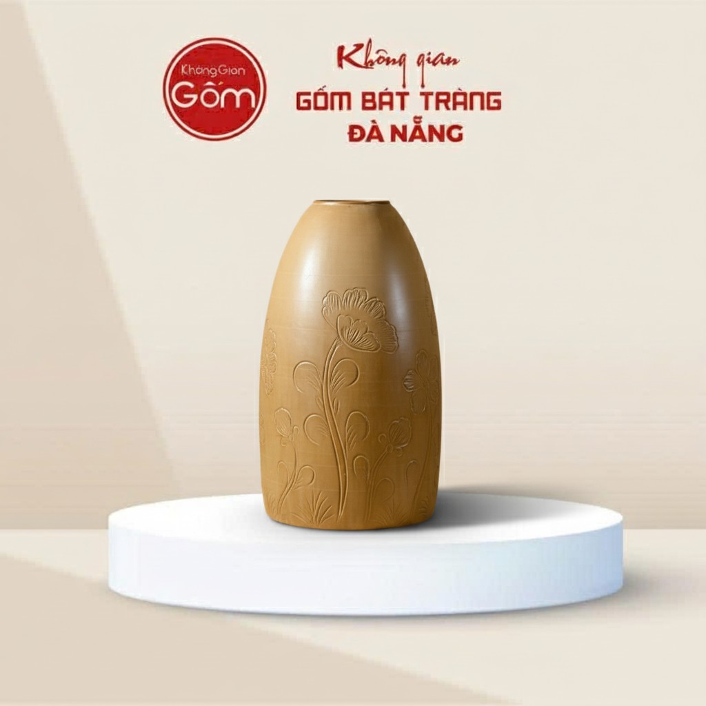 Bình Hoa Dáng Chuông Men Nâu Đất Họa Tiết Hoa BT-BH158