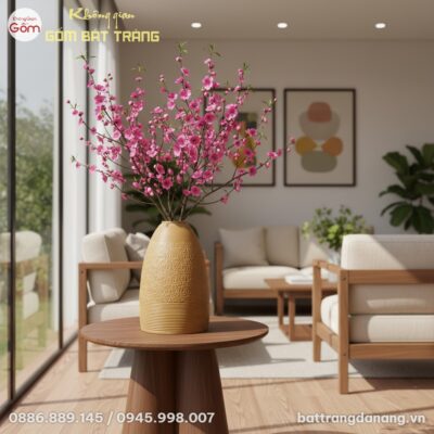 Bình hoa gốm Bát Tràng men vàng đất cao 52cm đặ...