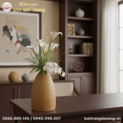 Bình hoa gốm Bát Tràng men vàng đất cao 52cm đặ...