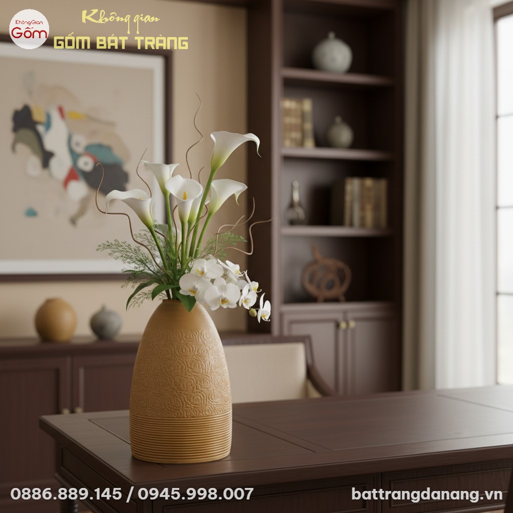 Bình hoa gốm Bát Tràng men vàng đất cao 52cm đặ...