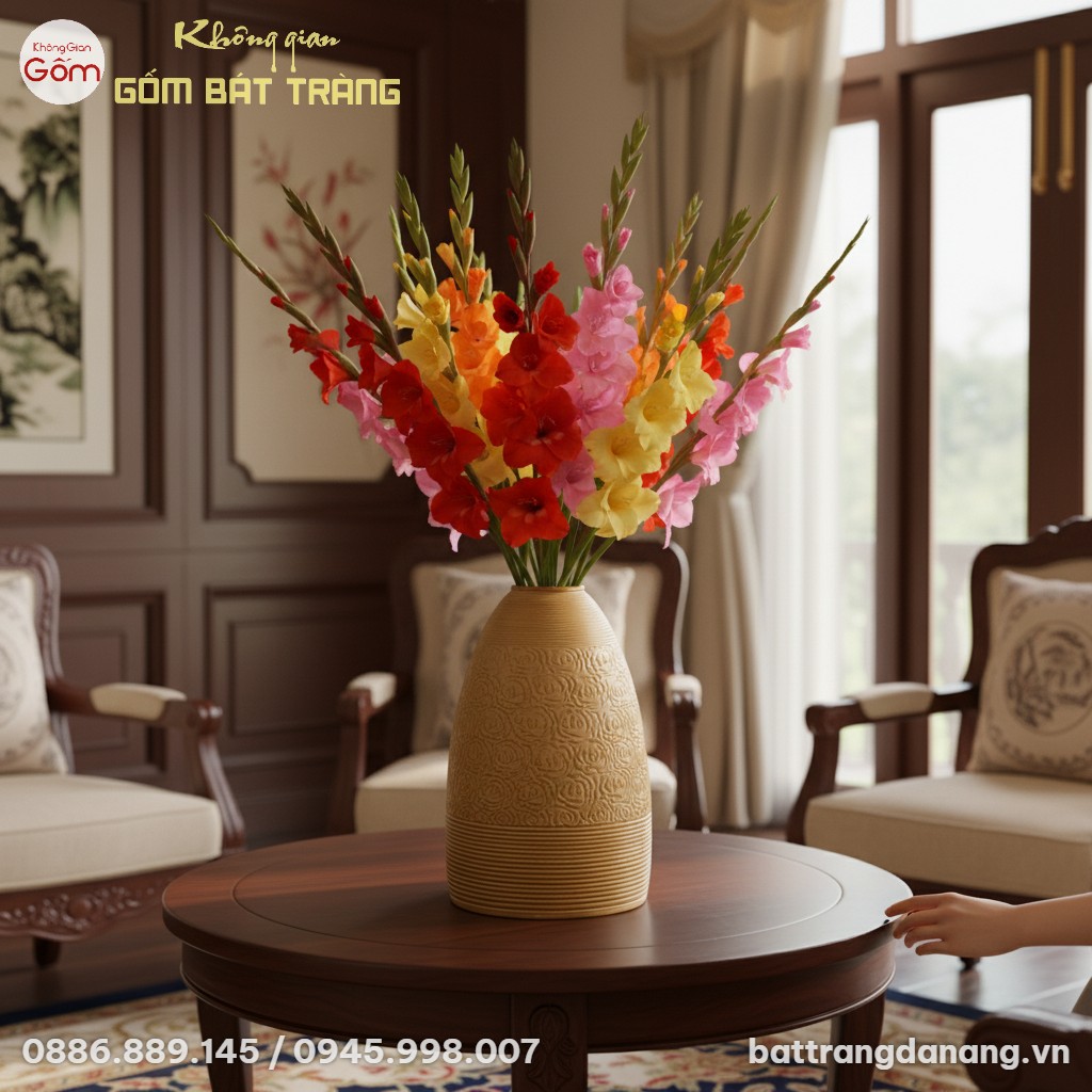 cận cảnh Bình hoa gốm Bát Tràng men vàng đất ca...