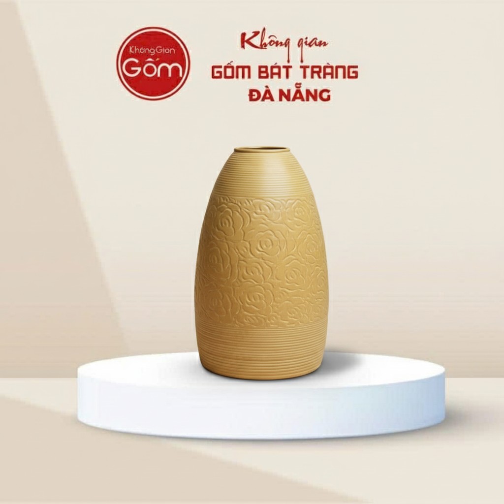 Bình Hoa Dáng Chuông Men Vàng Họa Tiết Hoa Hồng BT-BH156