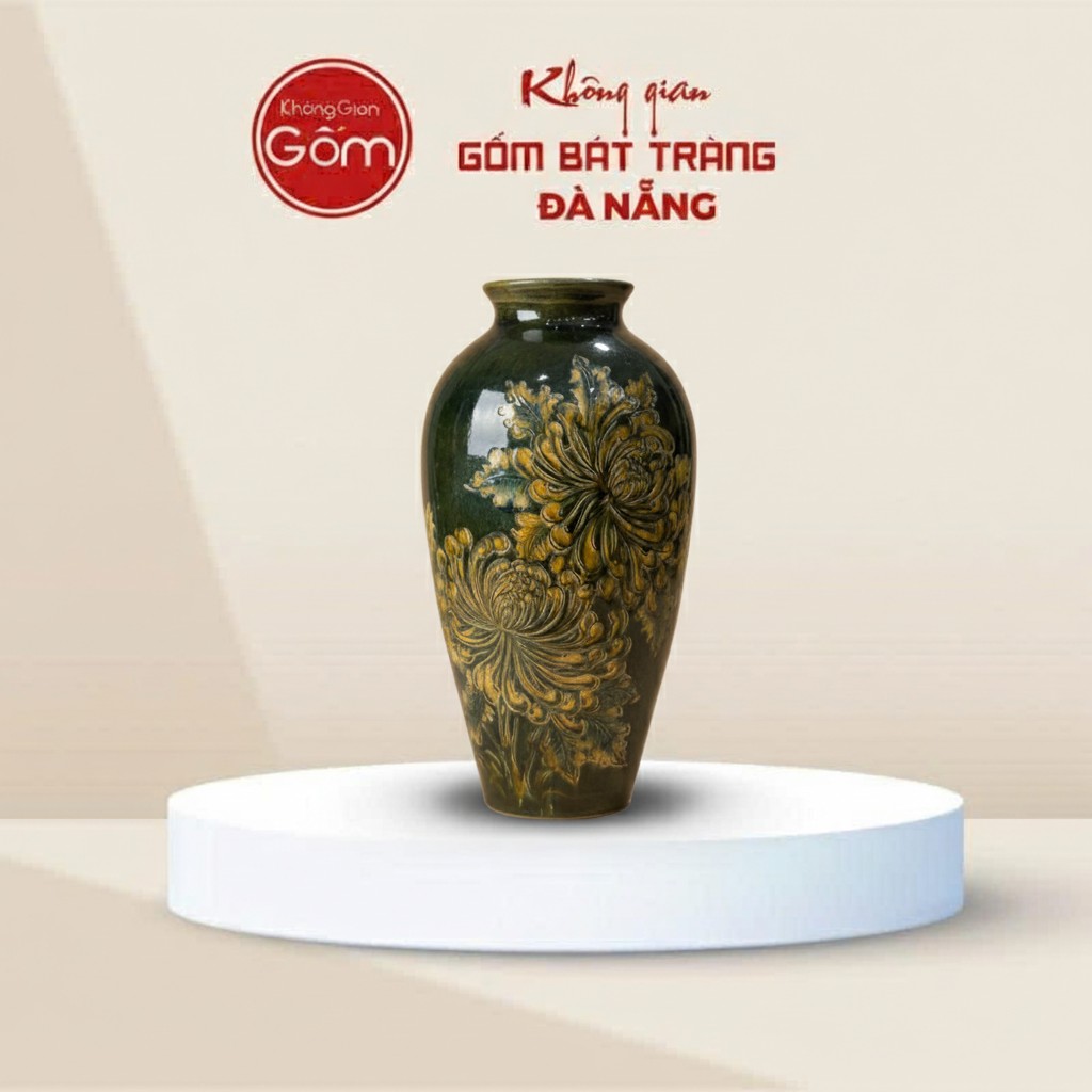 Bình Hoa Dáng Đùi Dế Họa Tiết Cúc Đại Men Xanh BT-BH167