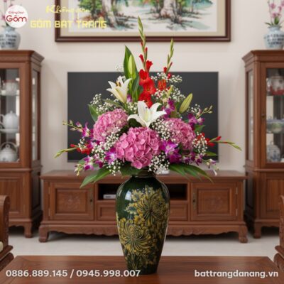 Bình hoa sứ Bát Tràng dáng đùi dế men xanh họa ...