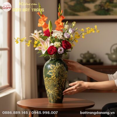 Bình hoa dáng đùi dế men xanh họa tiết cúc đại ...
