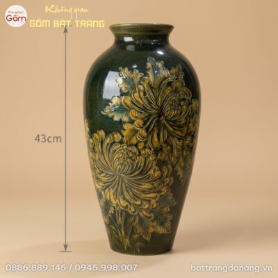 Kích thước Bình Hoa Dáng Đùi Dế Họa Tiết Cúc Đại Men Xanh BT-BH167
