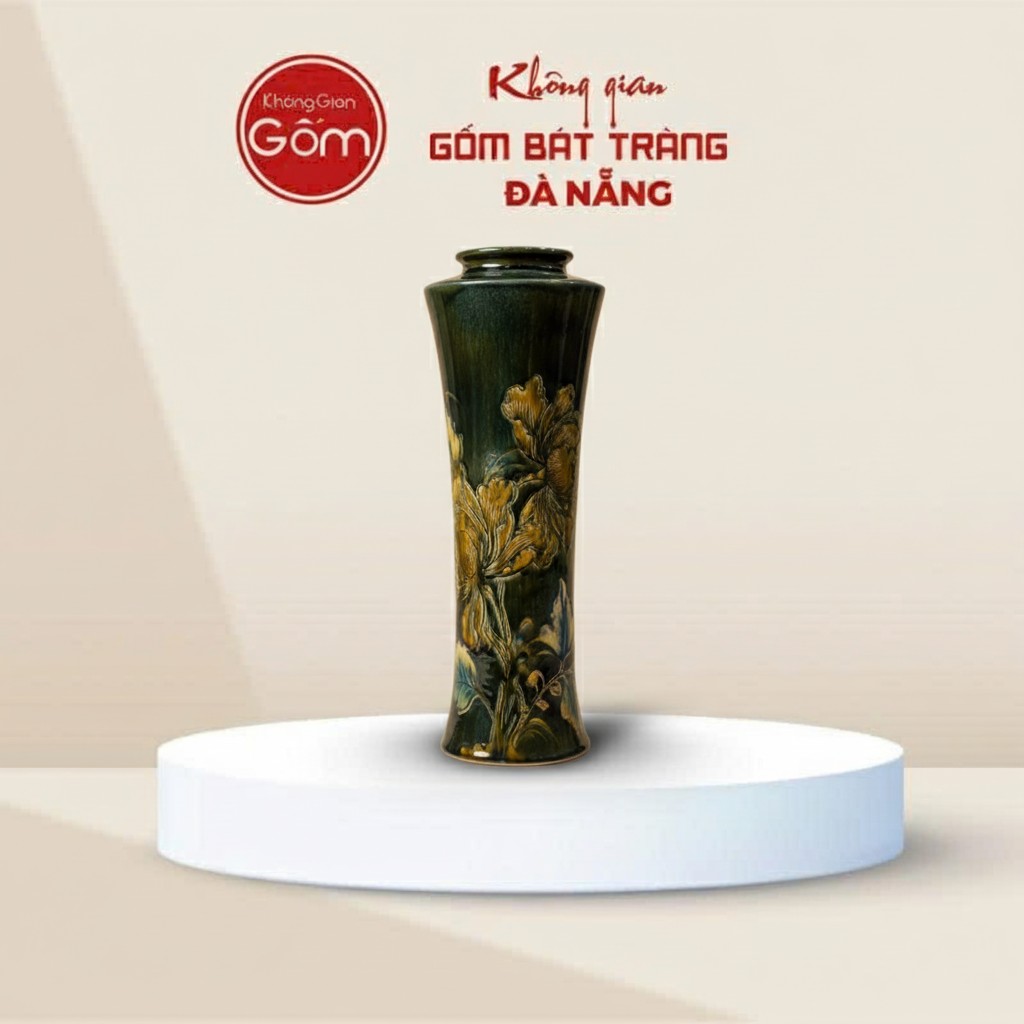 Bình Hoa Men Xanh Bát Tràng Họa Tiết Hoa Nổi BT-BH165