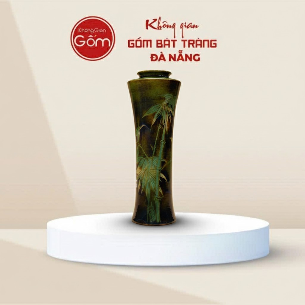 Bình Hoa Men Xanh Bát Tràng Khắc Vẽ Trúc Tinh Xảo BT-BH163