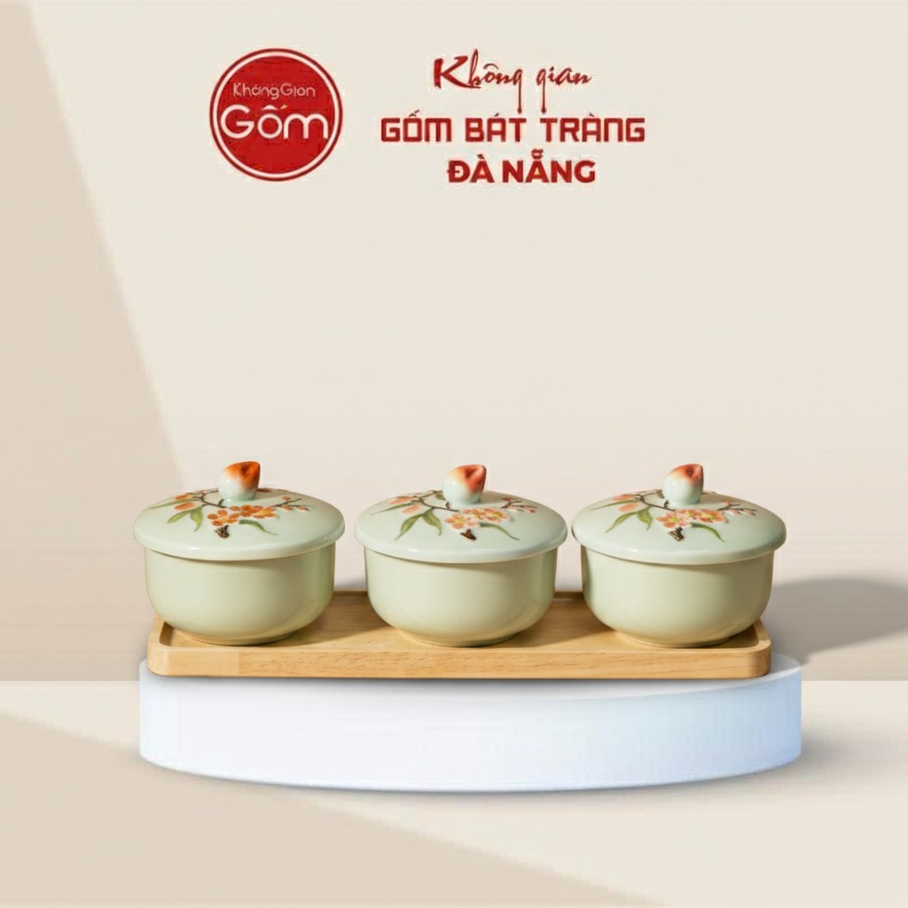 Bộ 3 Hộp Khay Mứt Tết Men Ngọc Họa Tiết Hoa Đào Khay Gỗ BT-HM22