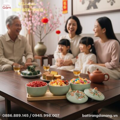 cận cảnh Khay mứt men ngọc hoa đào đặt tinh tế ...