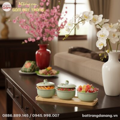 Cận cảnh nghệ thuật bộ 3 hũ mứt men ngọc họa ti...