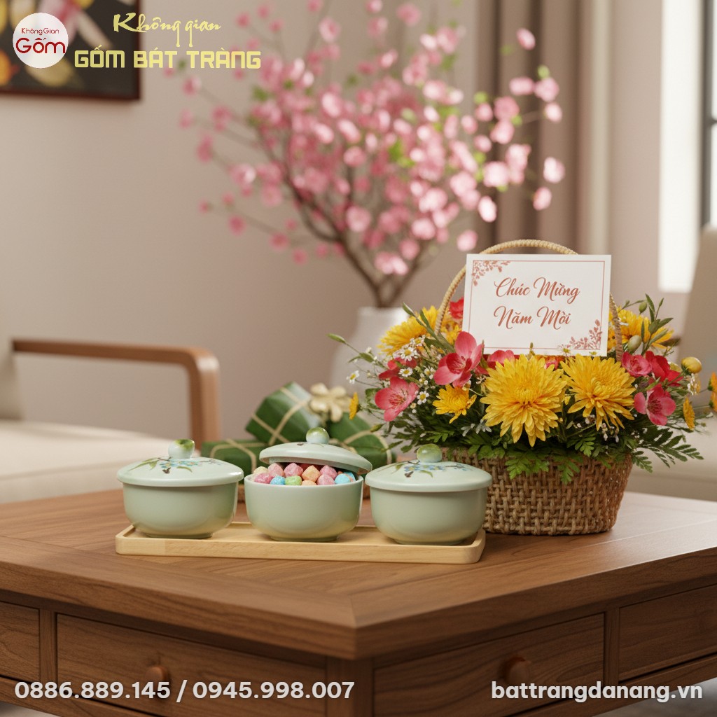cận cảnh Bộ 3 hũ mứt men ngọc hoa đào trên khay...