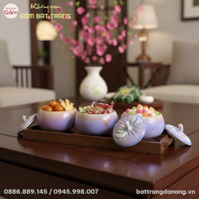 Cận cảnh bộ 3 hũ mứt men hỏa biến dáng bí trên ...