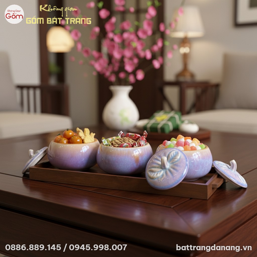 Cận cảnh bộ 3 hũ mứt men hỏa biến dáng bí trên ...