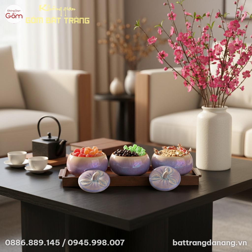 cận cảnh bộ hũ mứt men hỏa biến tinh xảo, nắp h...