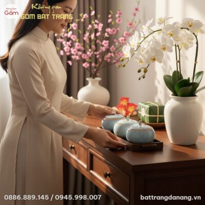 Bộ 3 hũ mứt gốm Bát Tràng men hỏa biến xanh lam...