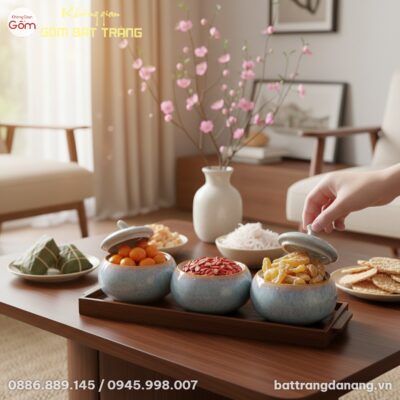 Bộ 3 hũ mứt gốm men hỏa biến xanh lam dáng bí đ...