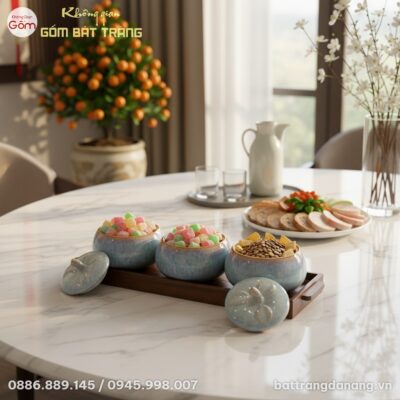 cận cảnh bộ 3 hũ mứt gốm men hỏa biến xanh lam ...