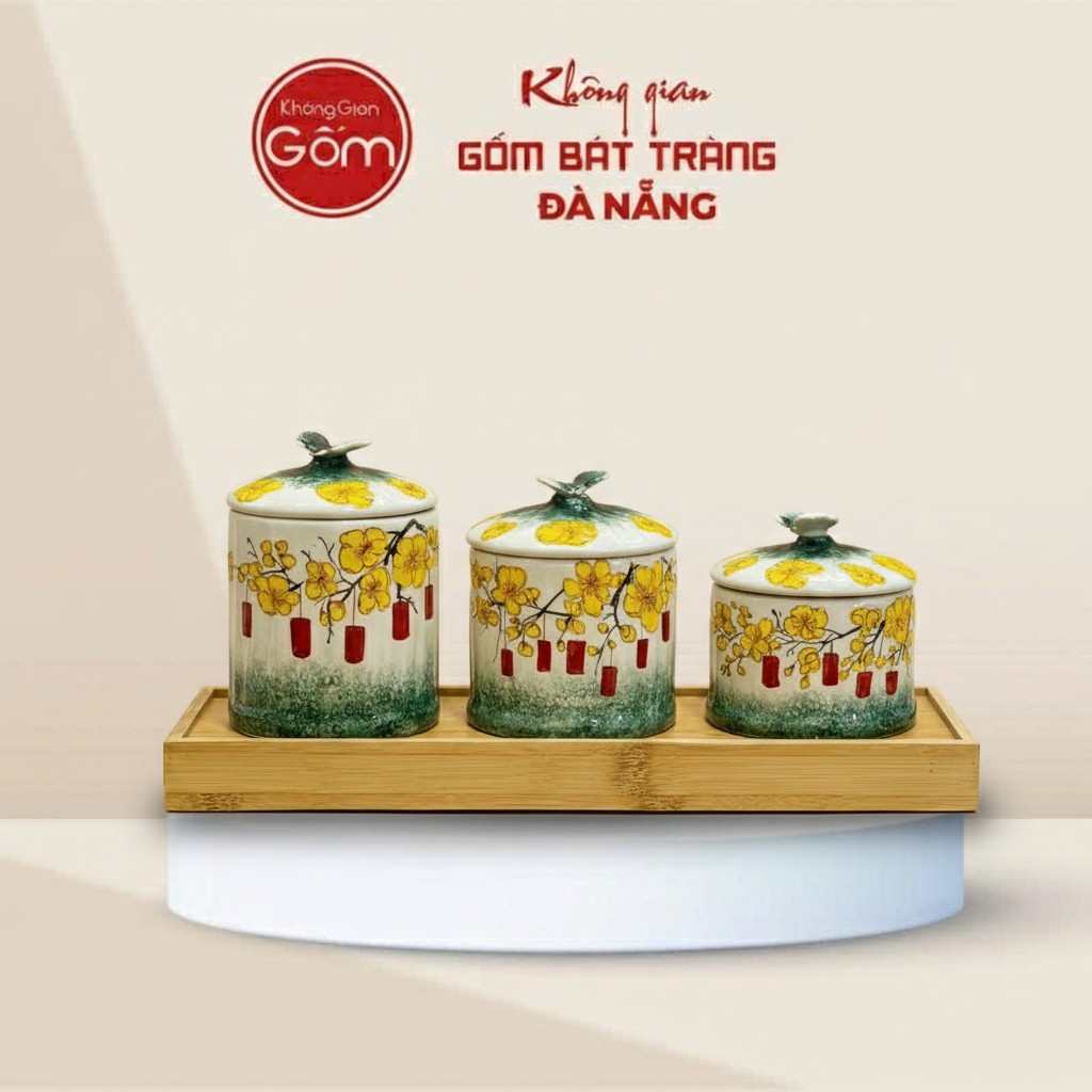 Bộ 3 Hũ Đựng Mứt Tết Vẽ Tay Hoa Mai Đèn Lồng BT-HM38