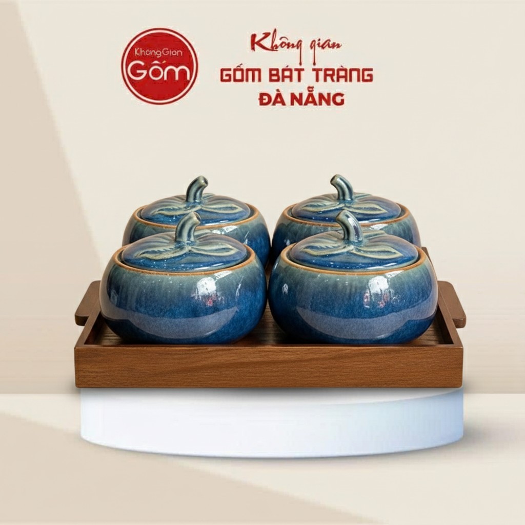 Bộ 4 Hộp Mứt Dáng Bí Men Hỏa Biến Xanh Kèm Khay Gỗ BT-HM25